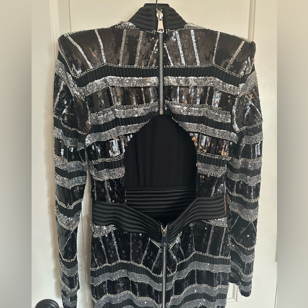 Zhivago Black and Silver Sequin Long Sleeve High-Slit Gown - Picture 10 of 11
